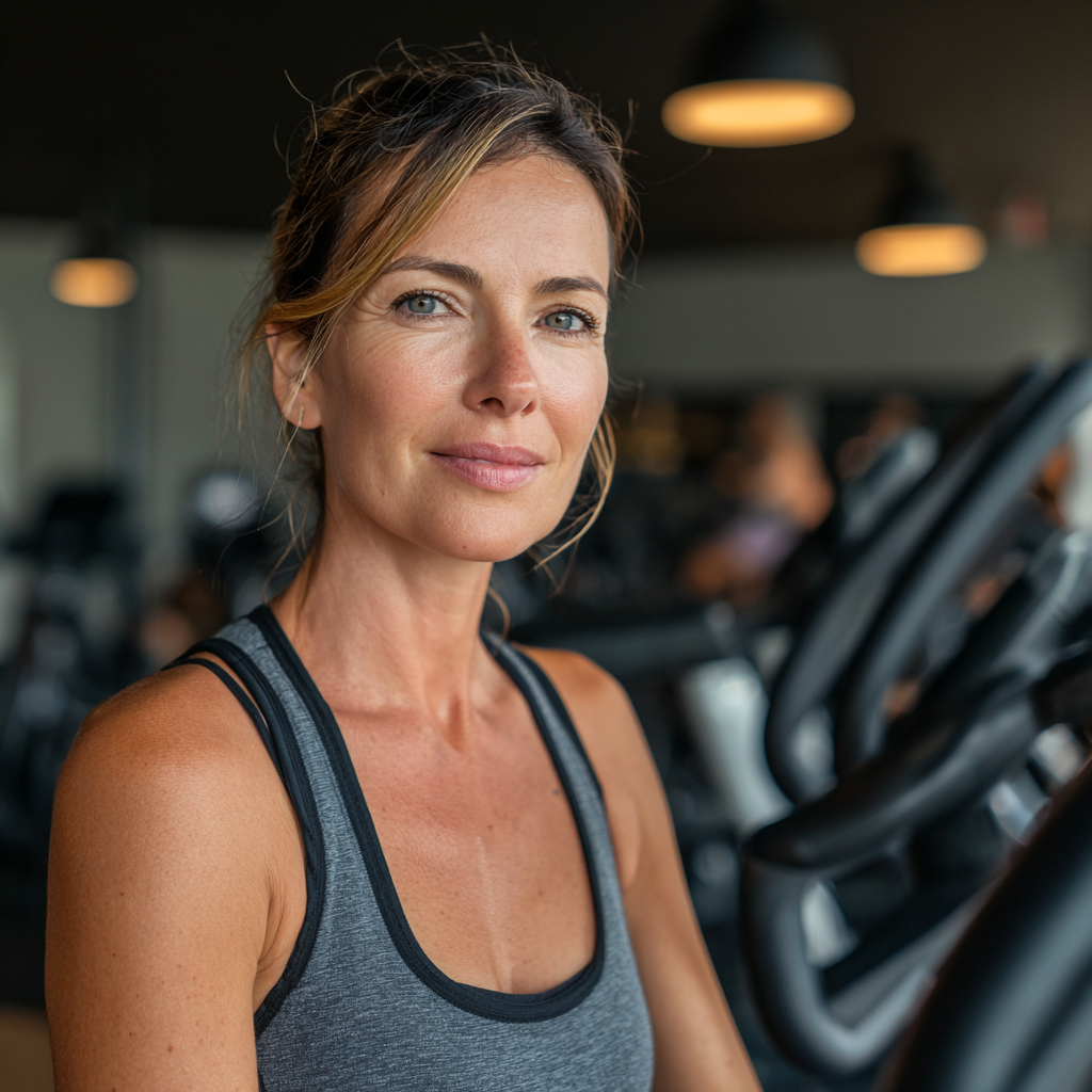 45-years old woman after cardio training at modern fitness center