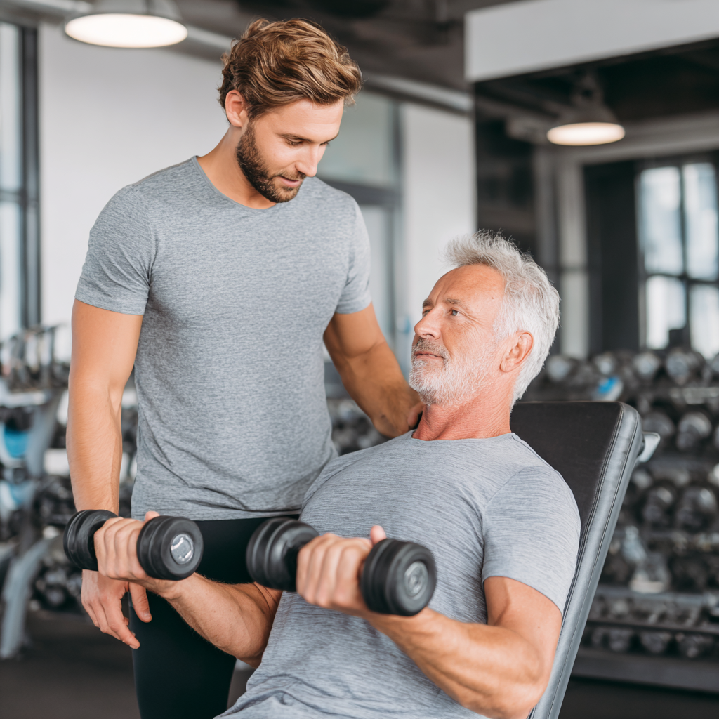 Professional fitness trainer demonstrating proper exercise form to middle-aged adult in modern gym setting